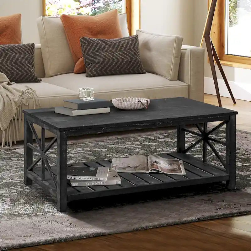 Tavolino da caffè rustico in legno con ampio spazio contenitivo - 120 L x 60 P x 50 H cm