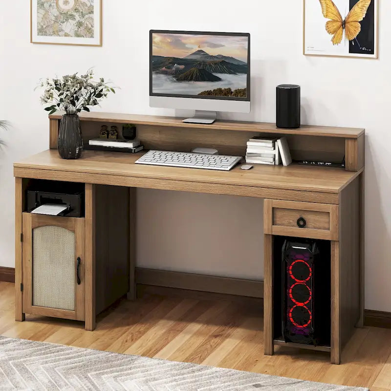 Scrivania da ufficio in legno rustico con cassetto, striscia LED e prese di corrente