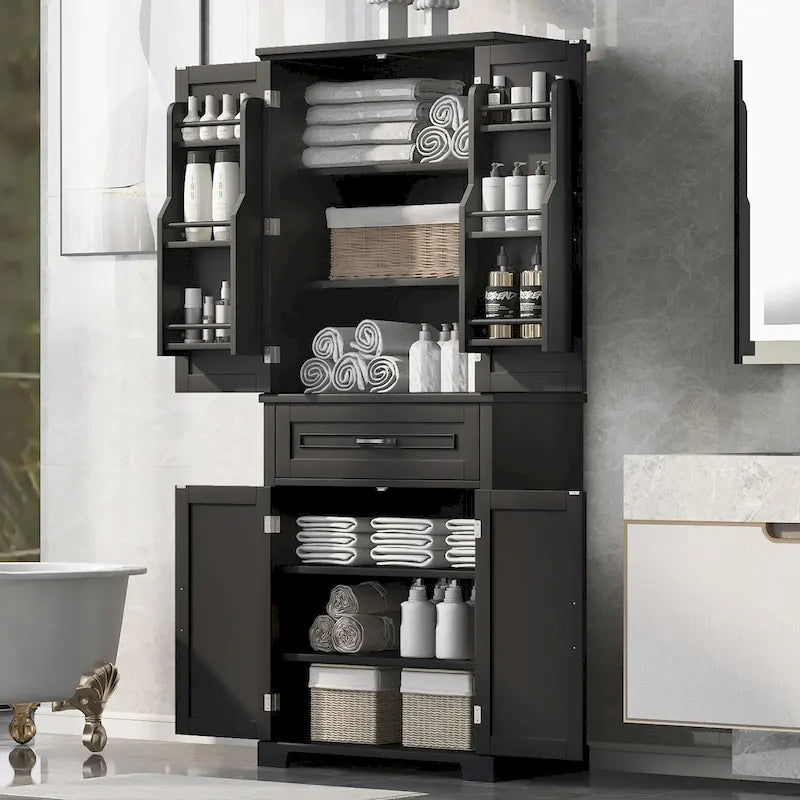 Mobiletto da bagno con ante e cassetto, più scomparti, ripiano regolabile, nero