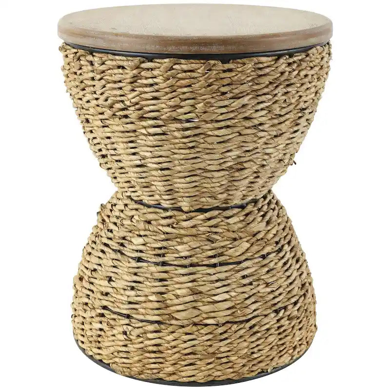 Tavolino d'appoggio artigianale in rattan intrecciato con ripiano in legno e struttura nera - Marrone chiaro o Marrone