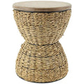 Tavolino d'appoggio artigianale in rattan intrecciato con ripiano in legno e struttura nera - Marrone chiaro o Marrone