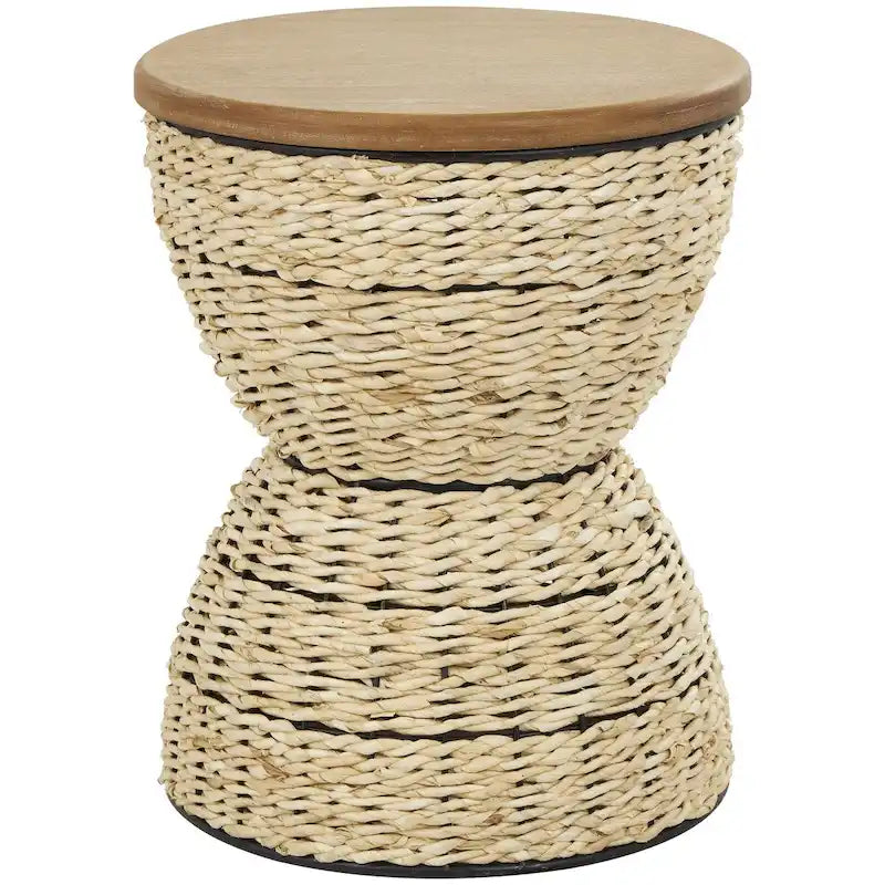 Tavolino d'appoggio artigianale in rattan intrecciato con ripiano in legno e struttura nera - Marrone chiaro o Marrone