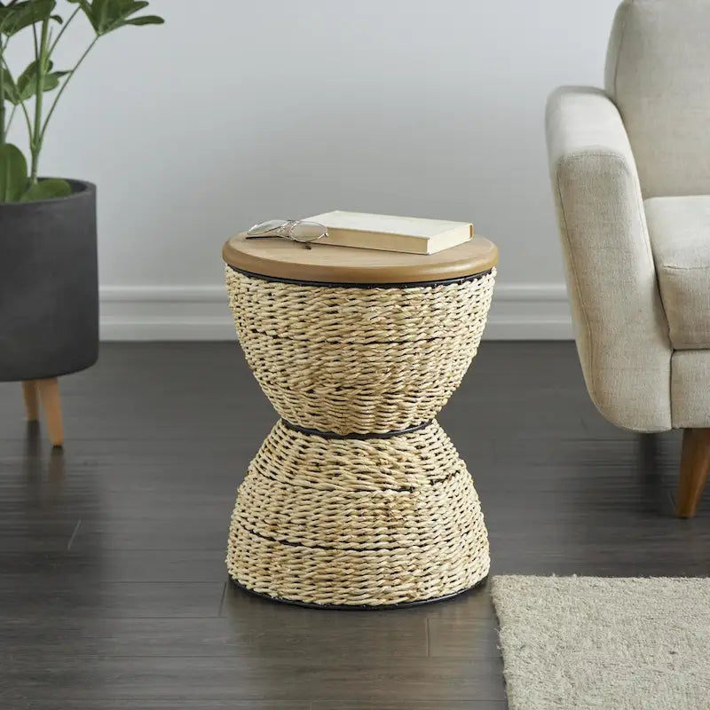 Tavolino d'appoggio artigianale in rattan intrecciato con ripiano in legno e struttura nera - Marrone chiaro o Marrone